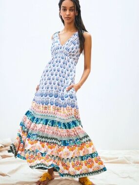 Anthropologie Floral Tiered Maxi Dress in White, Blue, Yellow and Green